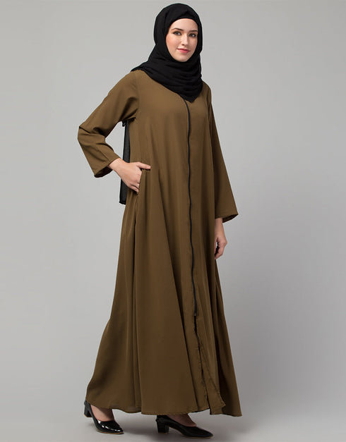 Modest Light Brown Front open with Zip Daily wear Basic Abaya Back View